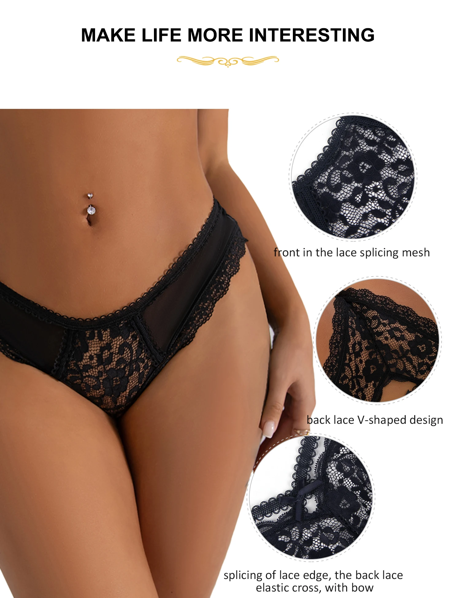 High Waist Underwear Back Hollow Out Female Black Floral Lace Panties Comfortable Sheer Mesh Brief Plus Size Women\'s Sexy Thongs