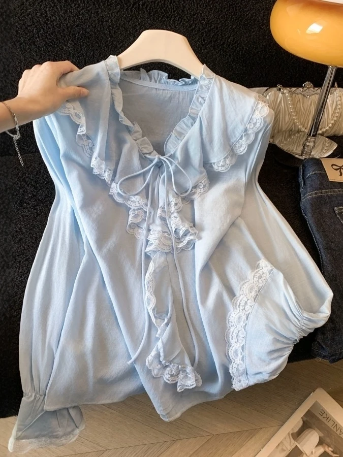 Blue Long Sleeve Lace V-Neck Bell Sleeve Shirt Women's Spring Fashion Design Sense Gathered Hemline Korean Style Straight Cut