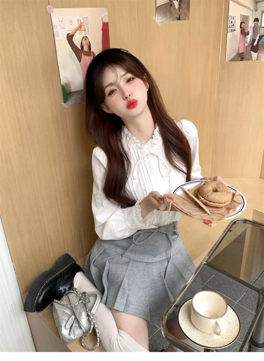 Blanc brodé champignon dentelle col montant Chemise français rétro à manches longues haut Chemise Femme Camisas De Mujer chemises et chemisiers