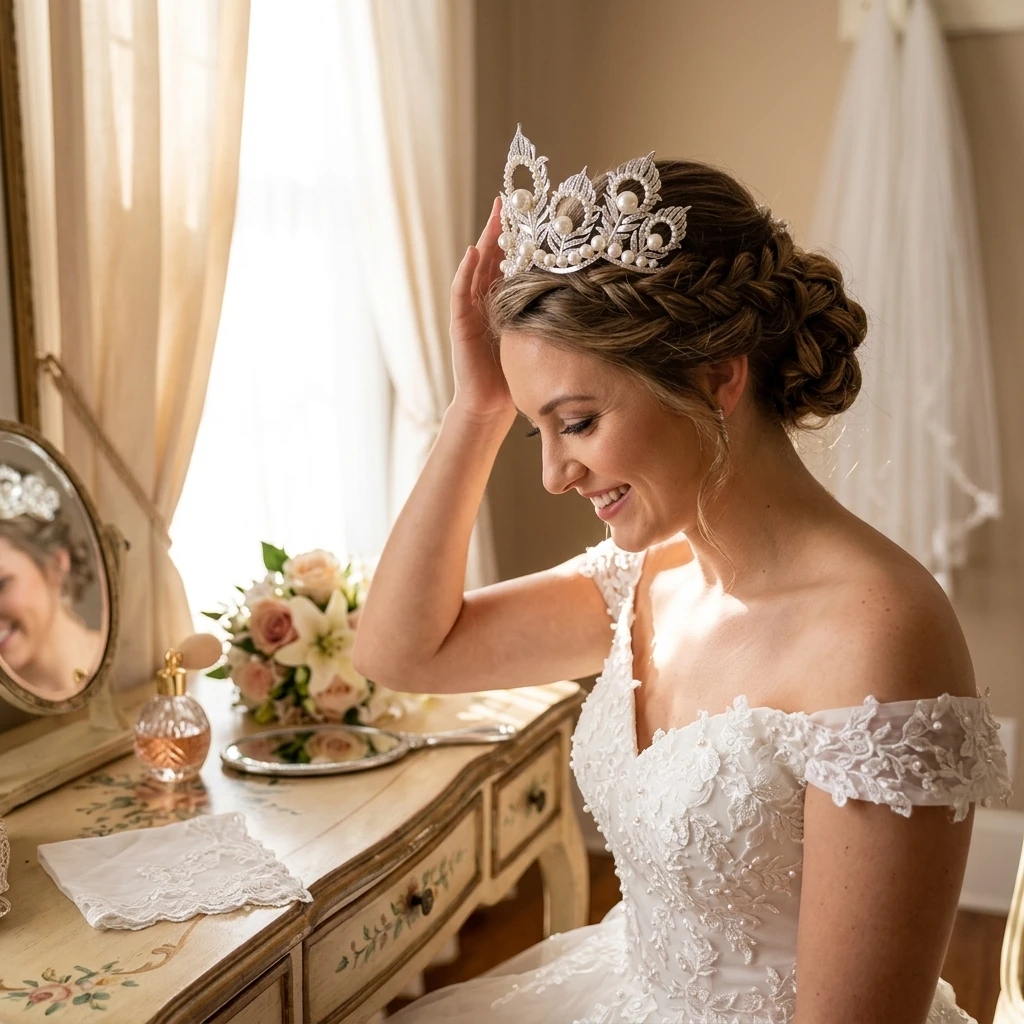Pearl Crown Headpiece With Peacock-Feather For Wedding Bridal Hair Accessories