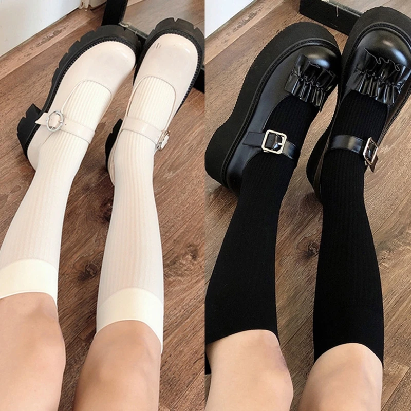 M2EA Preppy Style Women Knee High Socks Sweet Milky White Black Vertical Striped Solid Color Uniform Thin Slim Calf Stockings