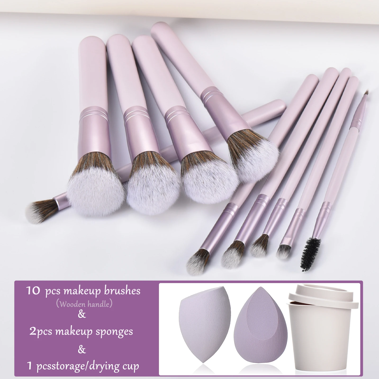 木製ハンドル付きメイクアップブラシセット,合成ベースブラシ,アイシャドウブラシ,メイクアップスポンジ,パウダーパフツール,品質,10個