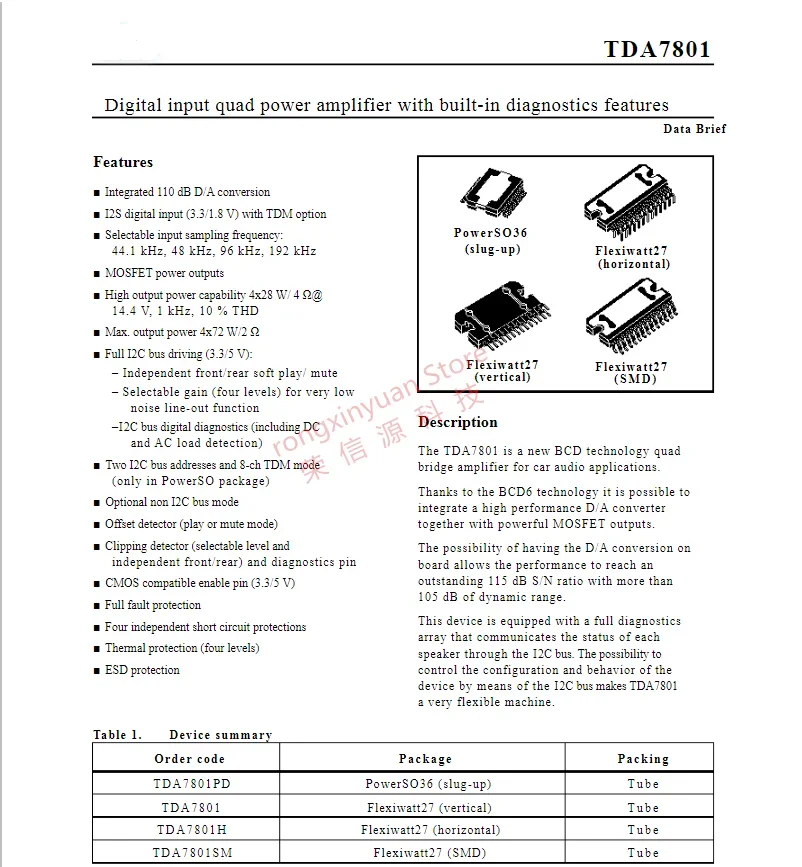Amplificador de potencia cuádruple de entrada Digital TDA7801 ZIP27 con características de diagnóstico integradas 100% nuevo y original