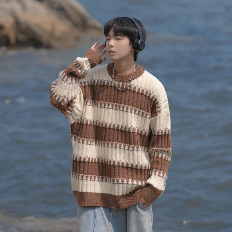 Striped Sweaters Men Contrast Color Slouchy Advanced Teenagers Japanese Style Hipster All-match Males Knitwear Pullovers Autumn