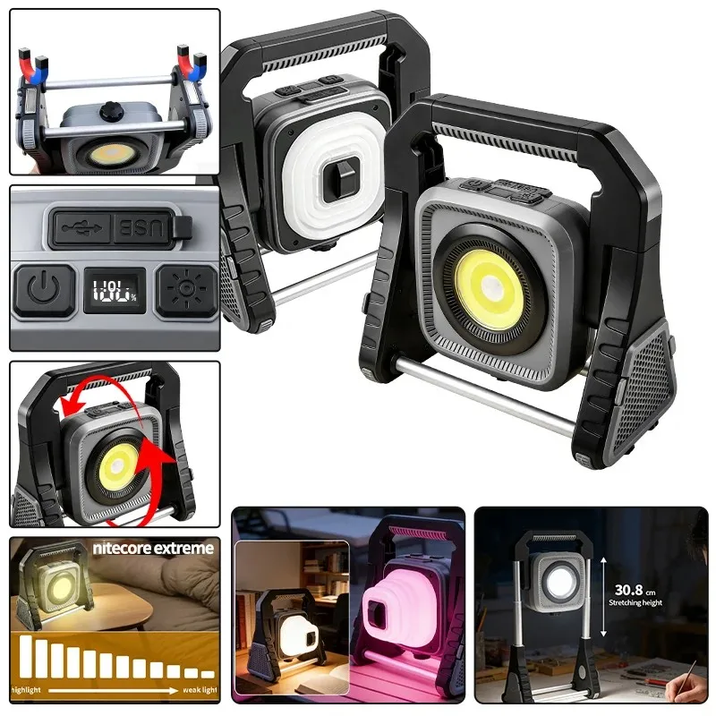 Multi-functional LED portable work light with a triangular stand, power digital display, and TYPE-C USB charging