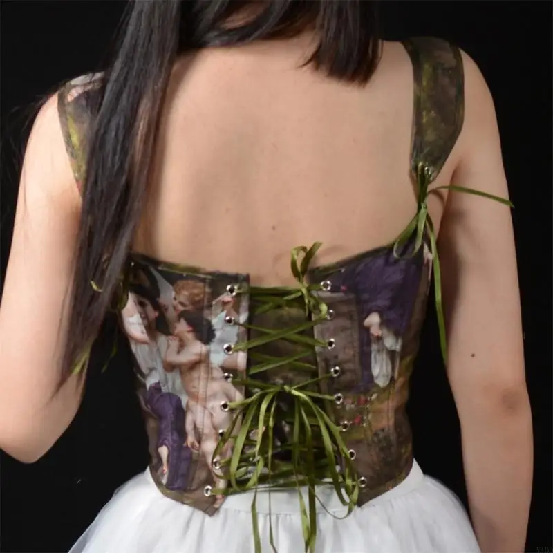 Retro Oil Painting Pattern Bustier Back Tied Closure Soft Corset Band Top For Special Occasion Halloween Party