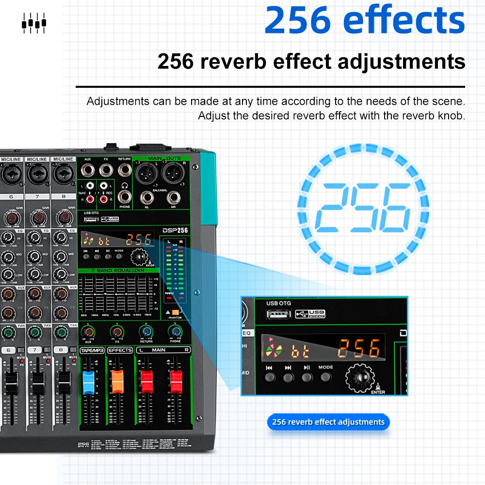 Professioneller Audio-Mixer Depusheng MG8 8-Kanal-Soundboard-Konsole DJ-Mischpult-System-Interface mit eingebautem 256-Reverb-Effekt – Detail 6