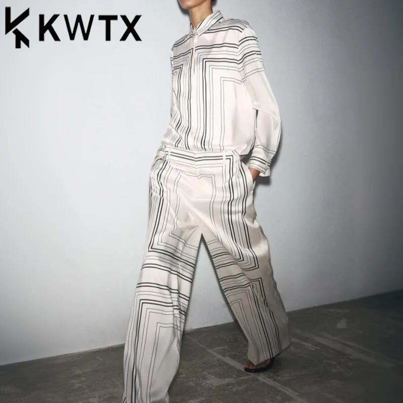 

KWTX 2025 Spring Women’s Two Piece Set White Black Stripe Print Long Sleeve Shirt & Wide Leg Pants Elegant High Quality Summer