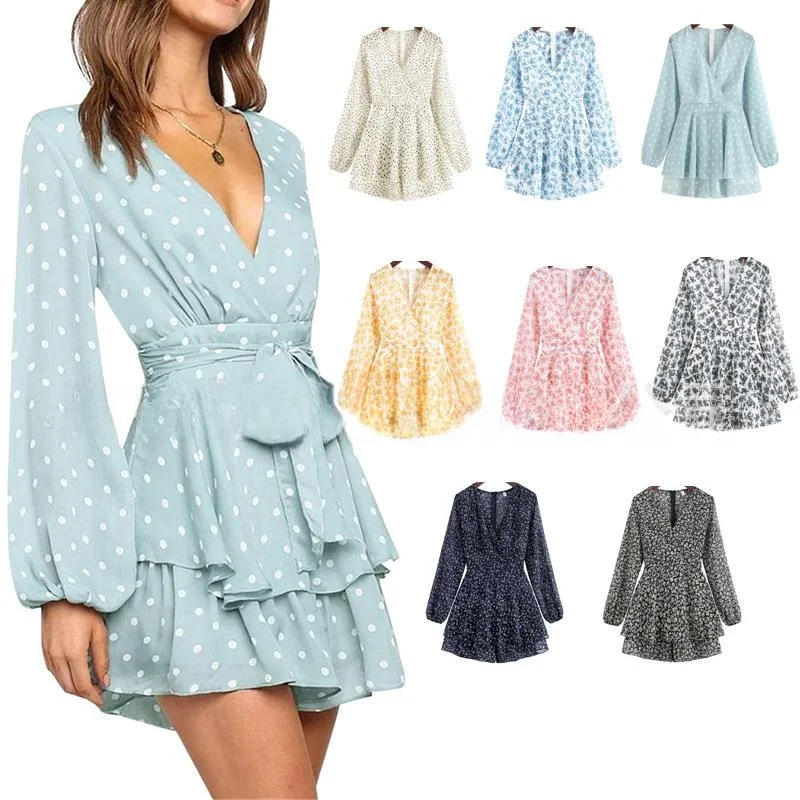 

Summer Printed Lace up Women's Jumpsuit Low Waist Five-Quarter Length Polyester Fabric Ladies Dr Faionable Casual Outfit