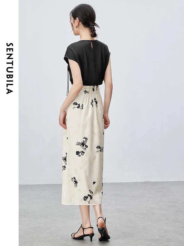 SENTUBILA Chinese Style Summer Skirts Set 2024 Round Neck Short Sleeve Top Split Midi Printed Skirt Woman Clothing 142Z55301