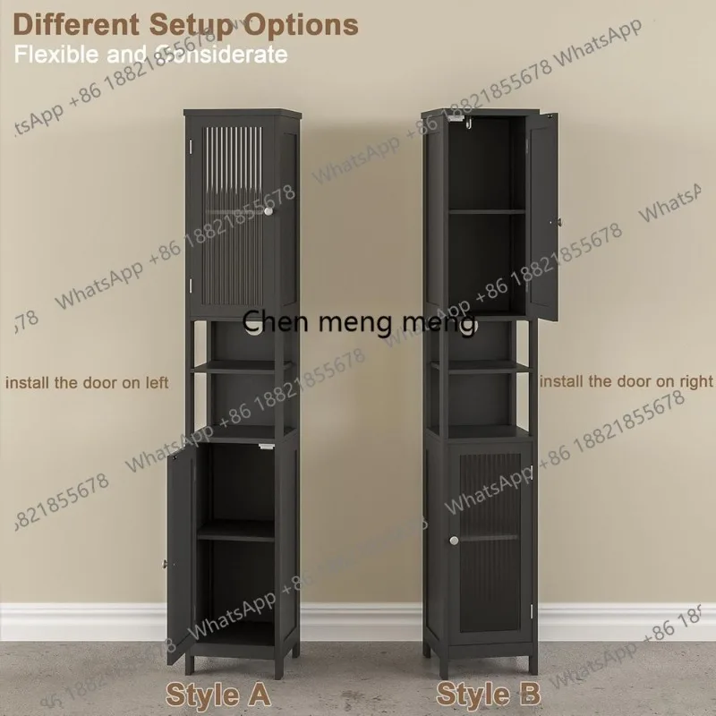 Space-Saving 5-Tier Black Bathroom Storage Cabinet with 2 Doors and Adjustable Shelves