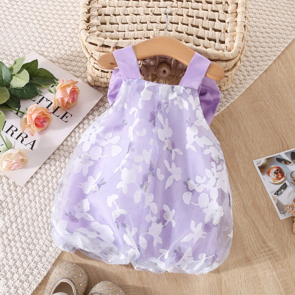 Summer 0-3 Girls\' Dress Baby Girl Full of Flower Printed Mesh Large Bow Princess Strap Lantern Dress