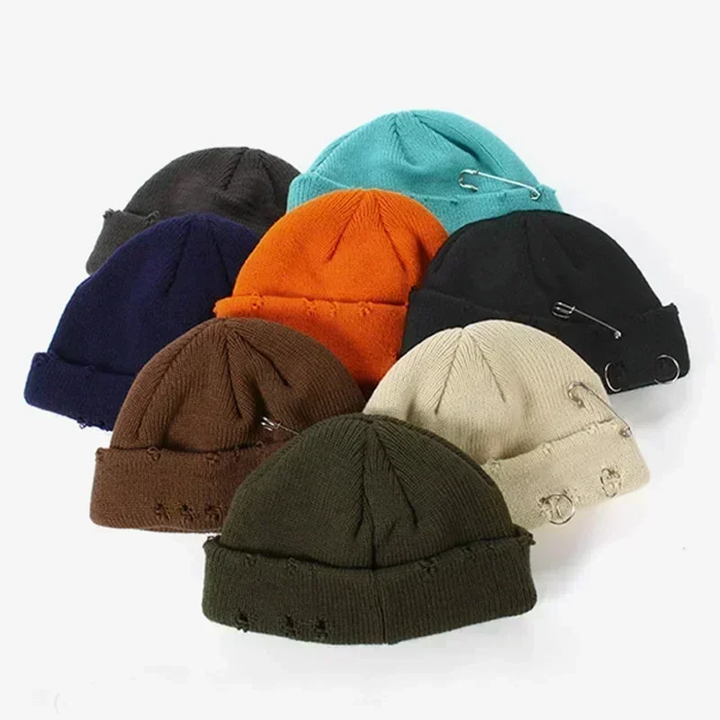 Winter New Beanies Knitted Hat Women Fashion Warm Thick Gorro Men Hip Hop Pin Hole Skullcap Short Hat Unisex Basic Cap