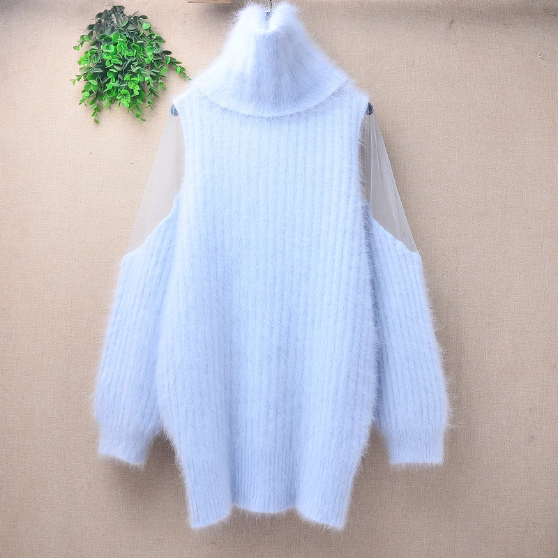 

Ladies Women Autumn Winter Clothing Sky Blue Hairy Mink Cashmere Knitted Lace Turtleneck Loose Pullover Sweater Jumper Pull Tops