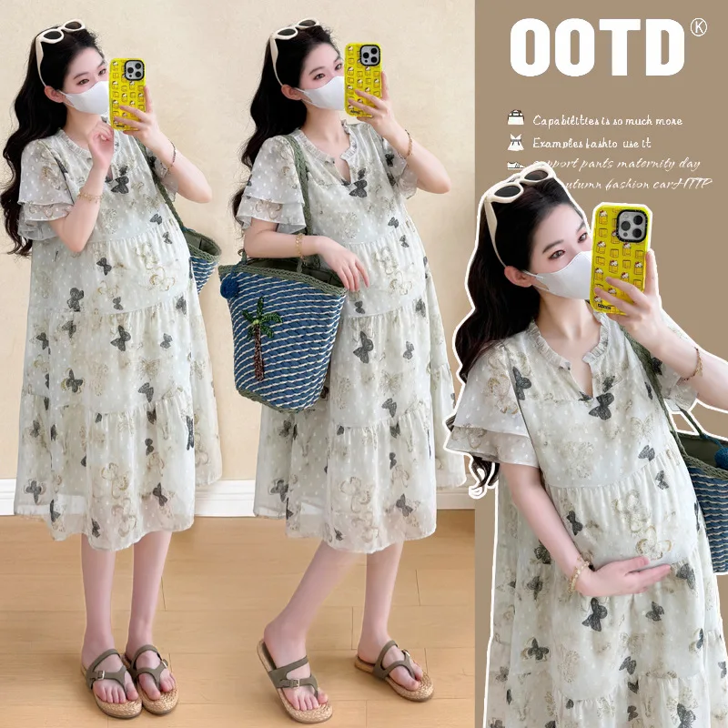 

Pregnant Women's Clothing 2025 Summer Fashion Short Sleeved Temperament Butterfly Print Dress