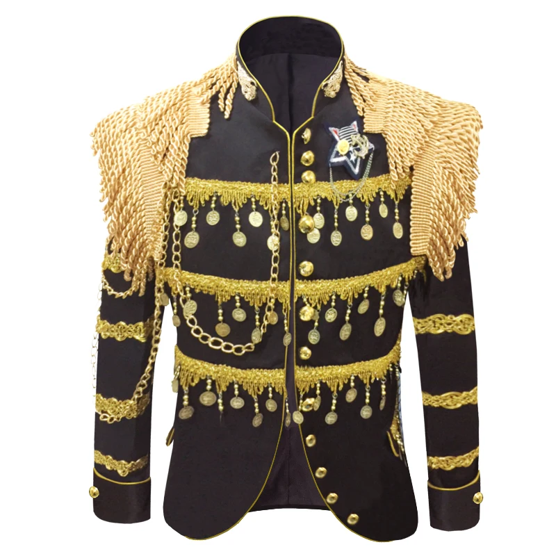 

Handmade Man gold Tassel Epaulet Suit Nightclub Singer Stage Show Sequin Performance Costumes Host Banquet Formal Dress