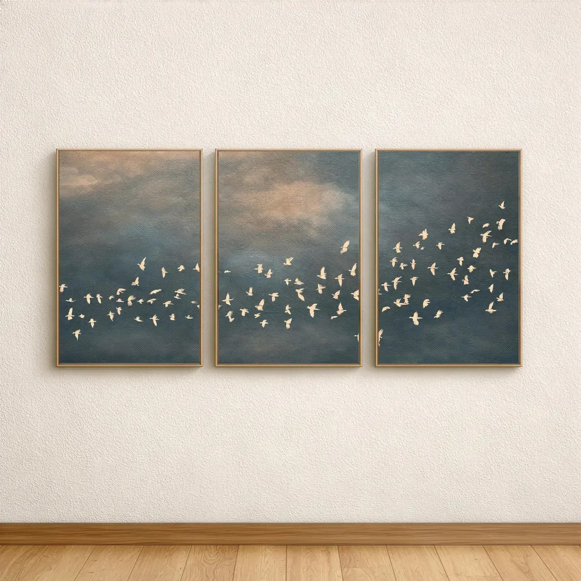 Birds Flying Wall Art Print, Flock of Birds Decor Painting, Triptych Poster, Moody Artwork for Living Room Bedroom Office