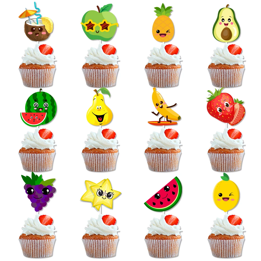 12/24 stücke Sommer Obst Cupcake Topper Wassermelone Zitrone Erdbeere Trauben Kuchen Dekorationen Tropische Obst Thema Geburtstag Party