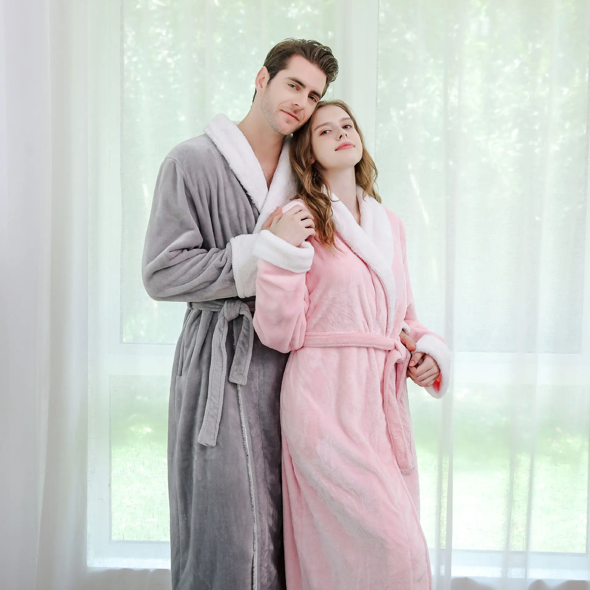 

Plush Flannel Thick Bathrobe Long Robe Lapel Couple Sleepwear Men's Women's Loose Casual Home Clothing Autumn Winter Nightwear