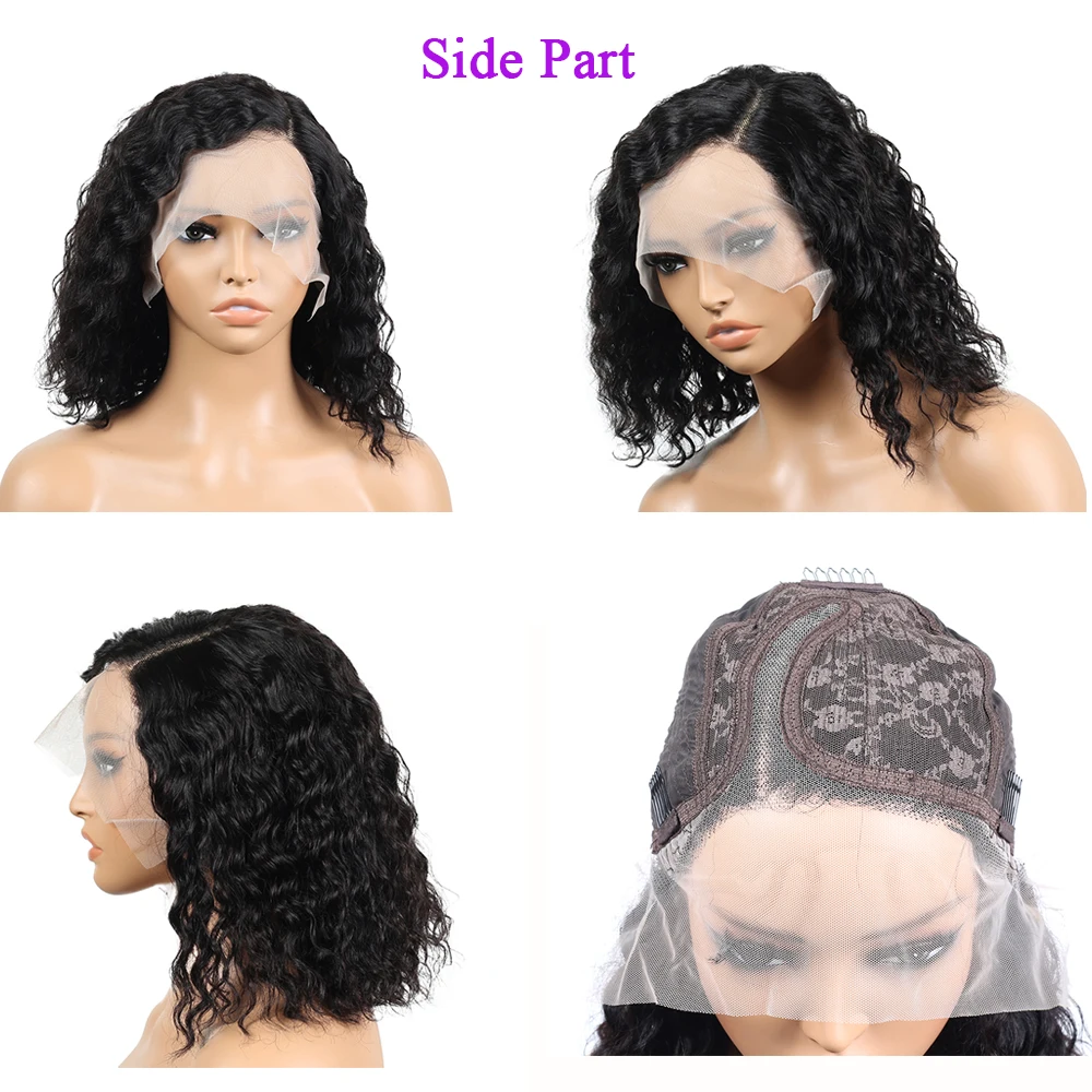 Perruque Bob Lace Front Wig Deep Wave Naturelle, Cheveux Courts Bouclés, 13x4, Transparent HD