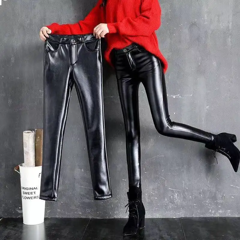 Cashmere PU Leather Pants Women's Autumn/Winter 2024 Thickened and Fleece High-… - Image 4