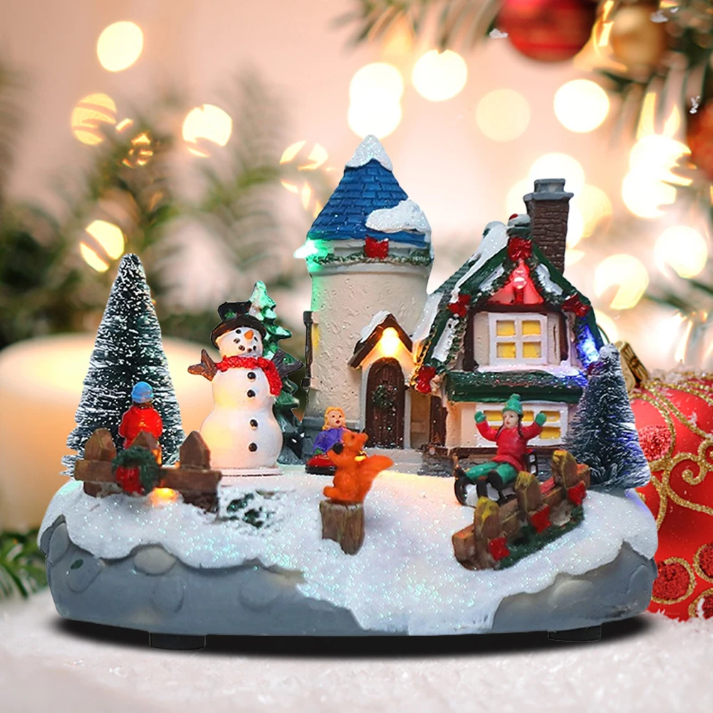 Christmas Village Set Accessories with LED Color Lights Collectible Building Scene Decoration Chirtmas Desktop Decoration Gifts