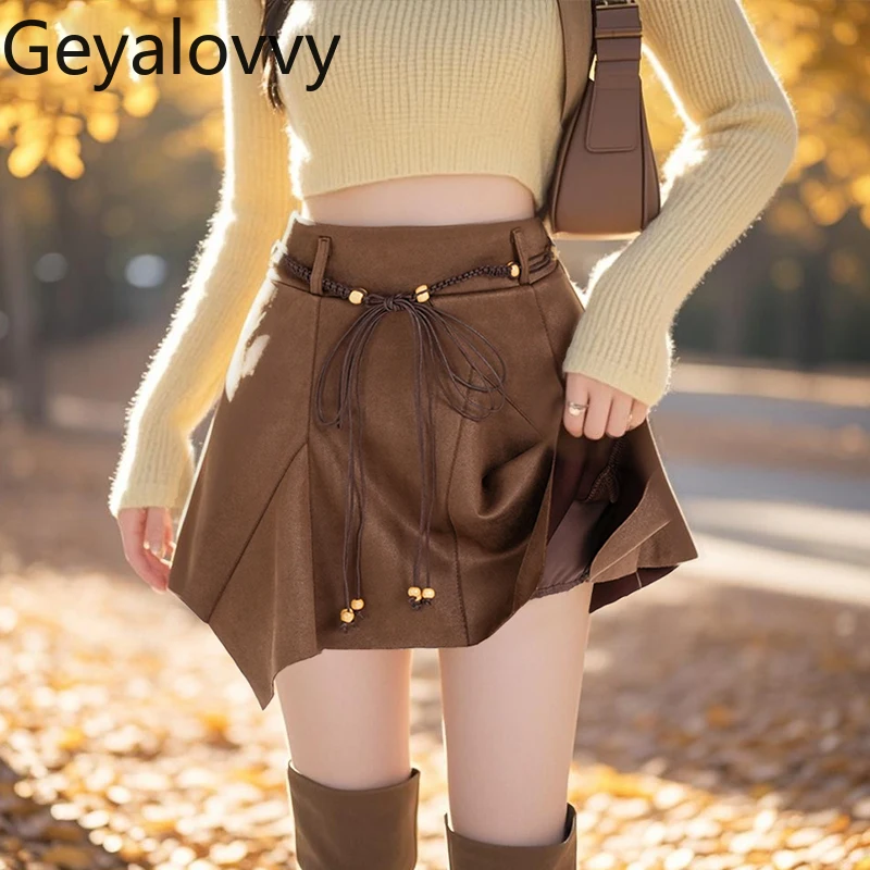 

Sweet Cute Girl Versatile Irregular Short Skirt Women Autumn Winter High Waist Slimming A-line Suede Umbrella Mini Skirts