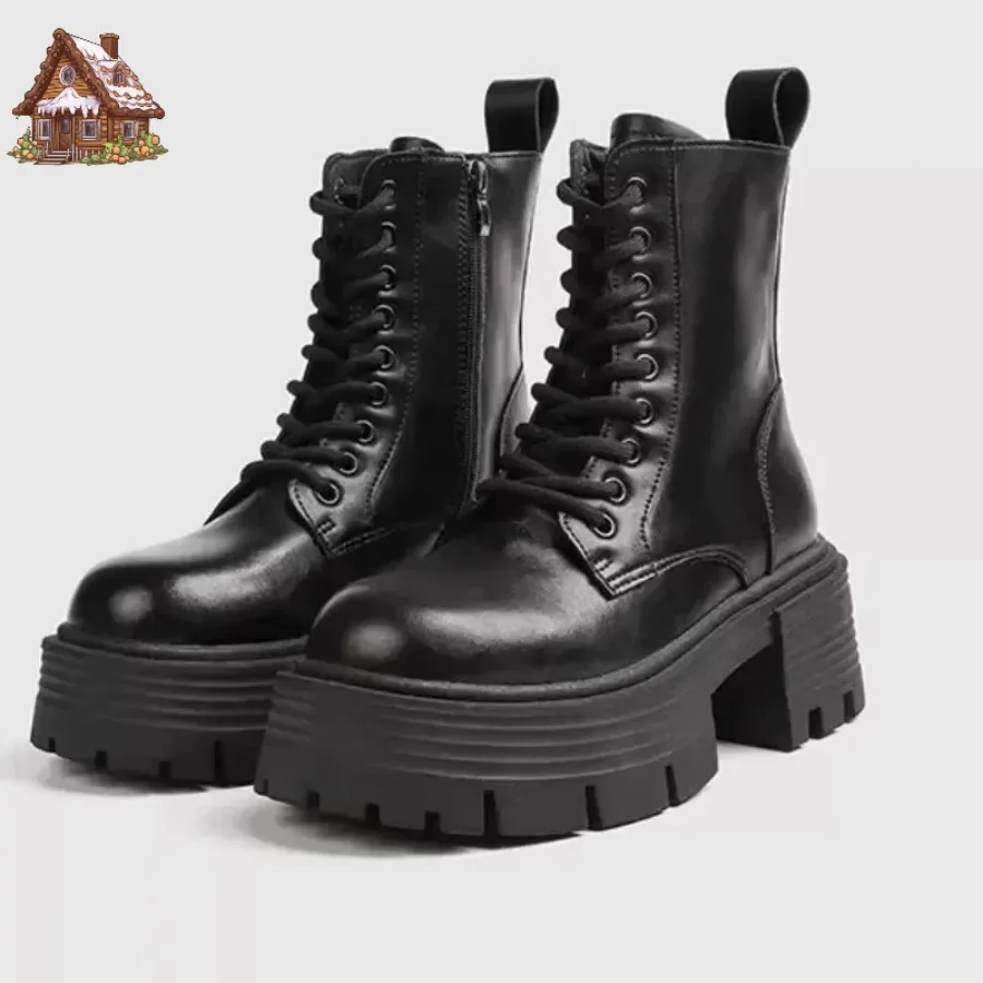

2025 Chunky Heel Black Mid Calf Platform Boots Women Fashion Lace Up Side Zip Design Soft Leather PU Biker Boots for Women Botas
