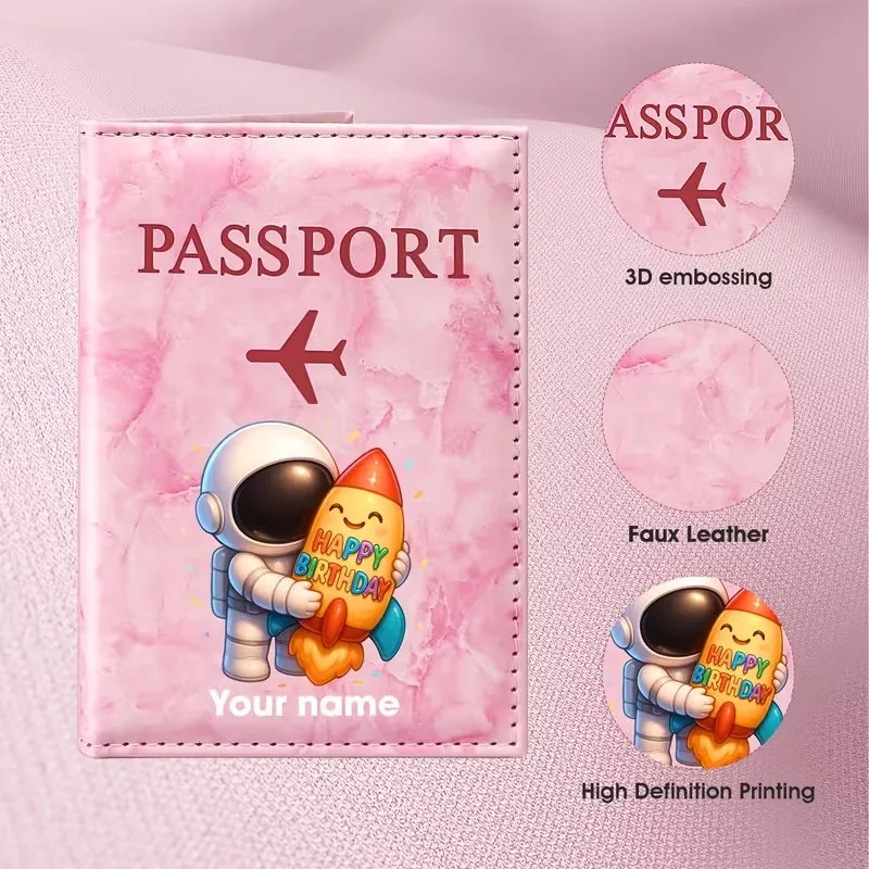 Personalized Custom Name Astronaut Rocket Themed Fun Illustration PU Passport Holder, Featuring Elements of an Astronaut