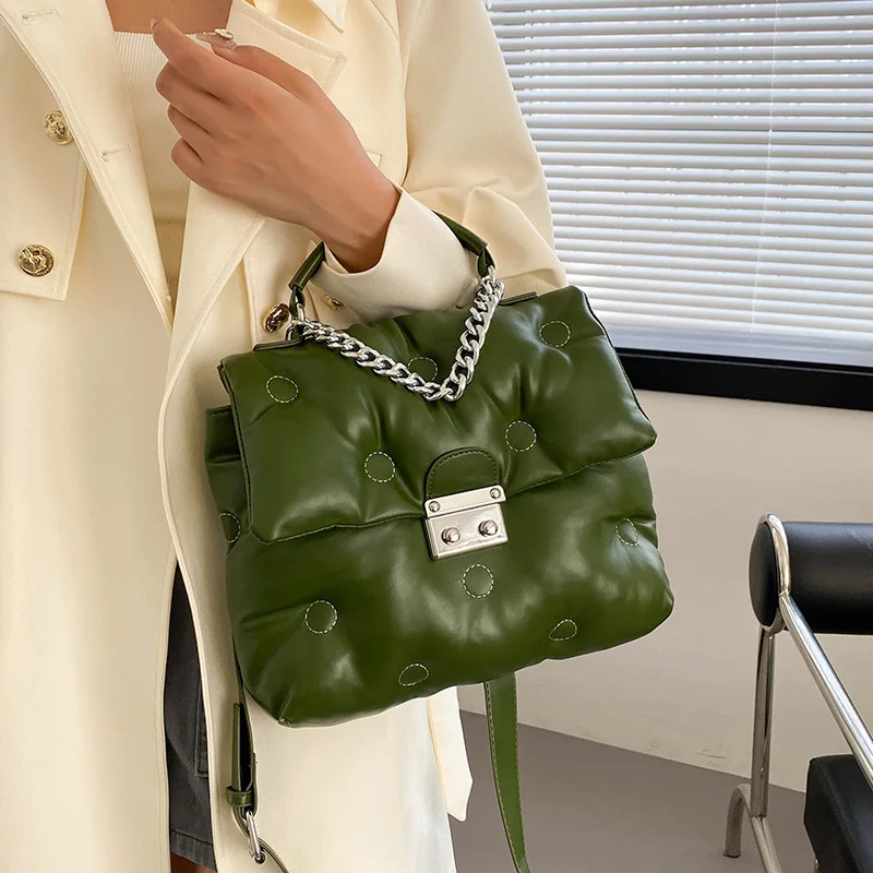 Fashion Rivet Padded Women Handbags Chains Luxury Pu Leather Shoulder Bags Down Cotton Crossbody Bag Soft Puffer Big Flap Purses