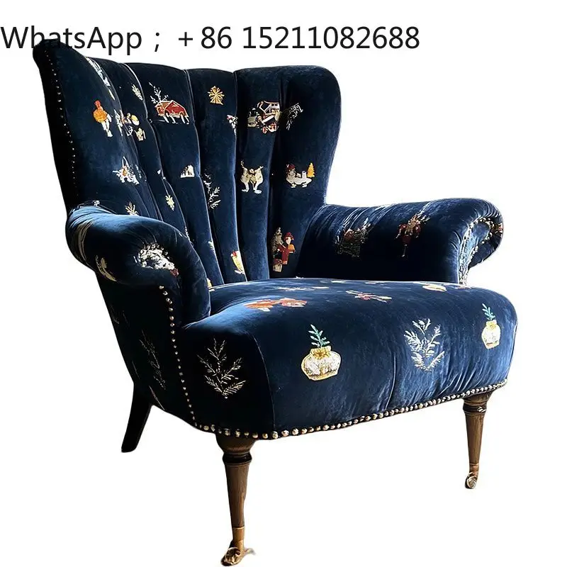 SCY Solid Wood Single Sofa Printed Sofa Chair Retro Master Bedroom Fabric Leisure Chair