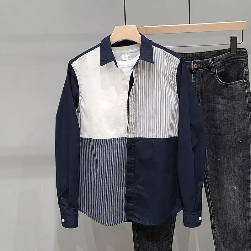Spring Autumn Fashion Turn-down Collar Long Sleeve Patchwork Contrast Color Blouse Men\'s Clothing Button Casual All-match Shirts