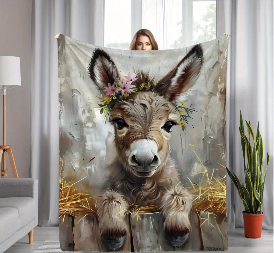 Weiche, gemütliche, warme Flanelldecke mit Winter-Esel-Aufdruck, zeitgenössische Tagesdecke aus Polyester mit Digitaldruck, vielseitig einsetzbar für die ganze Saison