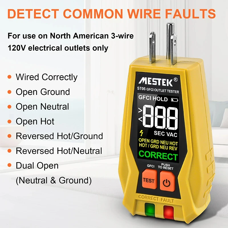 ST06 GFCI Tester gniazdka kolorowy ekran cyfrowy miernik do gniazdka nam podłączyć wyłącznik czujnik napięcia polaryzacji obwodu elektrycznego