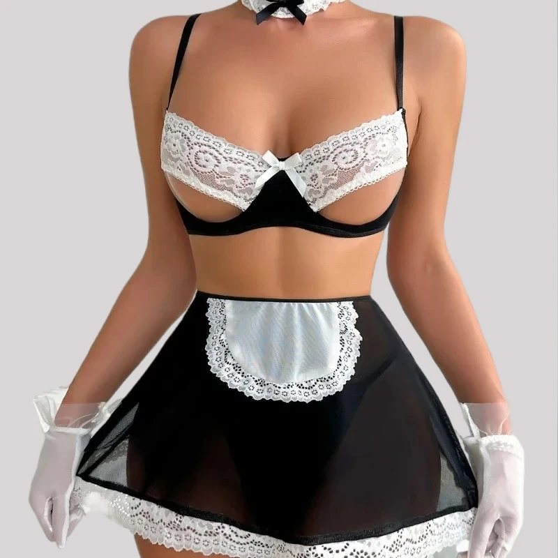 Toucheart Seksi Üniforma Takım Elbise Hizmetçi Cosplay Seksi Kostüm Dantel Crotchless Etek Kadın Bebek Arzu Hizmetçi Perspektif Seks Üniforma
