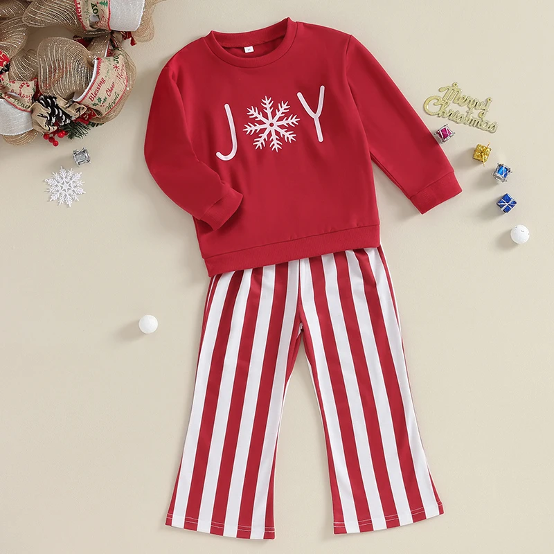 Toddler Girl 2-Piece Christmas Outfit Set with Long Sleeve Snowflake Sweatshirt and Striped Pants - Festive Baby Clothes for