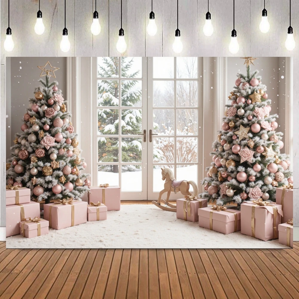 Winter Christmas Pink Style Theme Photography Background Candy Town Snow Scene Xmas Tree Gifts Party Event Decor Photo Backdrop