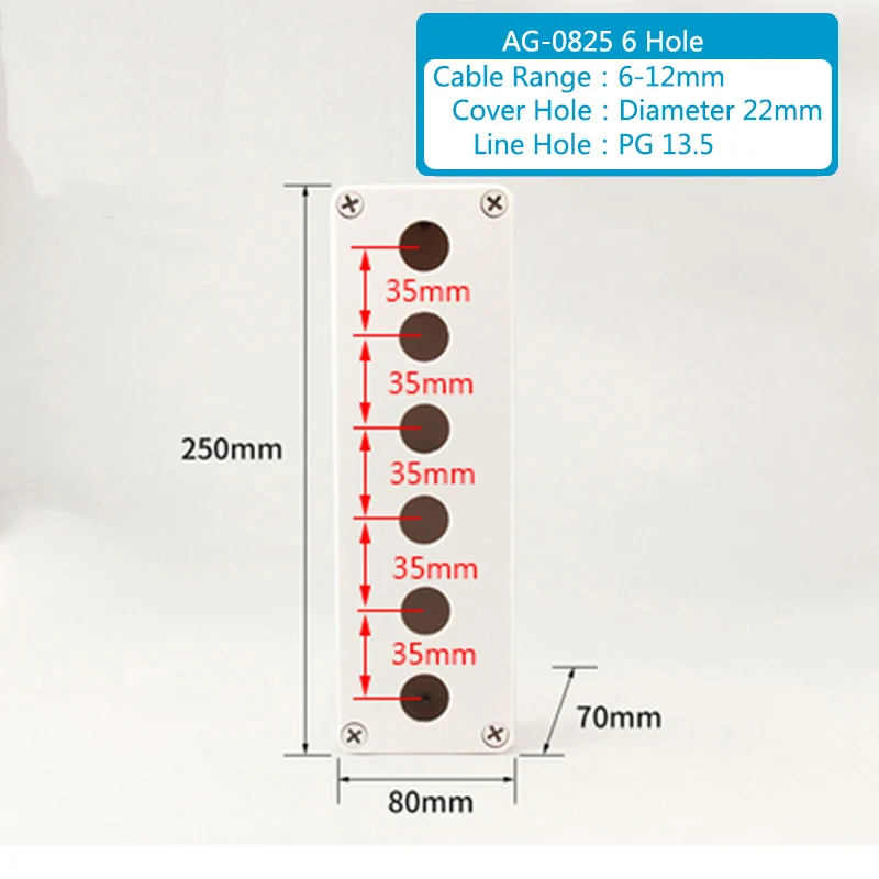 

Коробка с кнопками серии AG с 6 отверстиями, номер модели AG-0825, размеры 80x250x70 мм