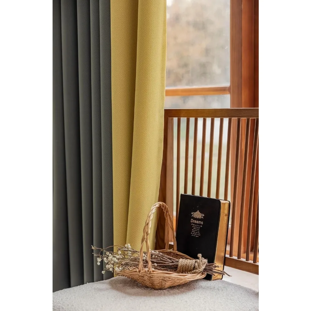Tende patchwork jacquard giallo grigio scuro in misto cotone poliestere, 54x84 pollici, con occhielli per oscuranti del soggiorno