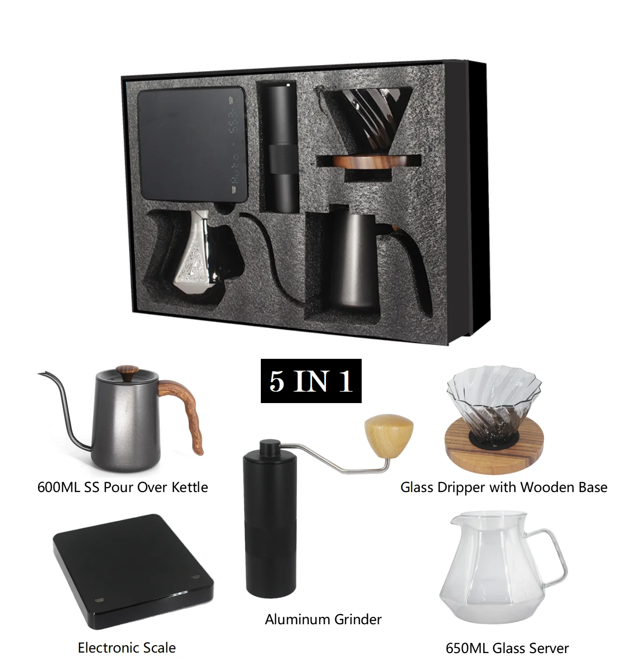 Premium Eco-Friendly Black Coffee Gift Box Outdoor Coffee Set Portable Barista Tools Grinder Kettle Dripper Brewing Coffee Maker