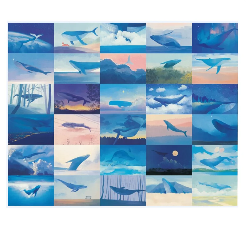 30Pcs Blue Whale Theme Post Card Birthday Greeting Card Postcards Gift Wish Card Scrapbooking Background Card Journal Decoration