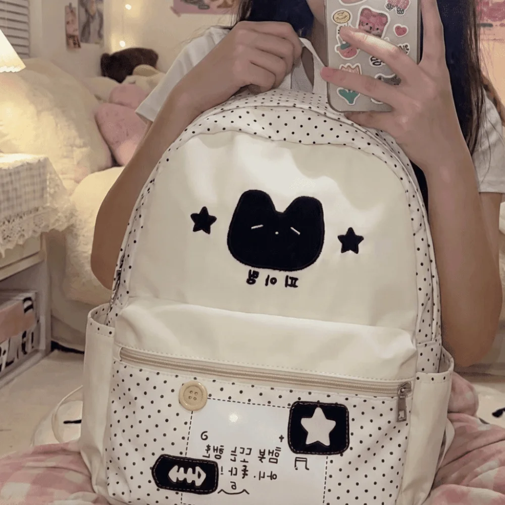 Nylon Polka Dot Patchwork Backpack Large Capacity Lightweight Cat Print Daypack Multi Pocket Polyester Lining School Bag Teen