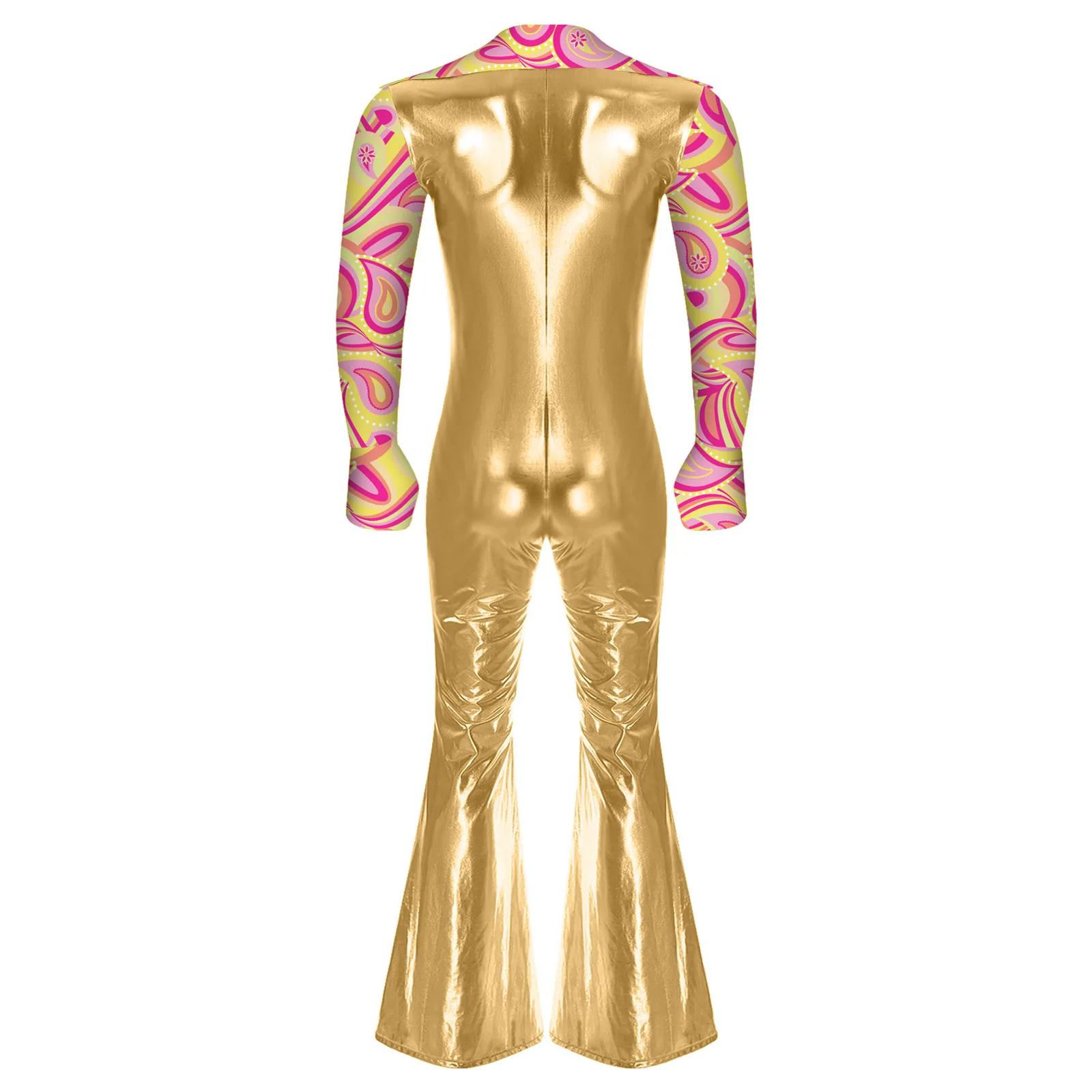 Gentry Mens Dancer Costumes Hippie Rock Jazz Samba Cha Cha Disco Play Dance Jumpsuit Metallic Shiny Long Sleeve Rompers