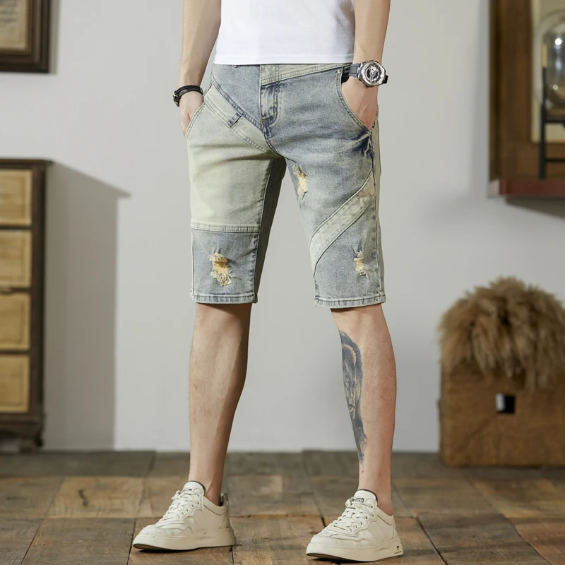 Summer Thin Retro Make Old Ripped Denim Shorts Men\'s Slim Stretch Patchwork Stitching Patch Casual Cropped Pants