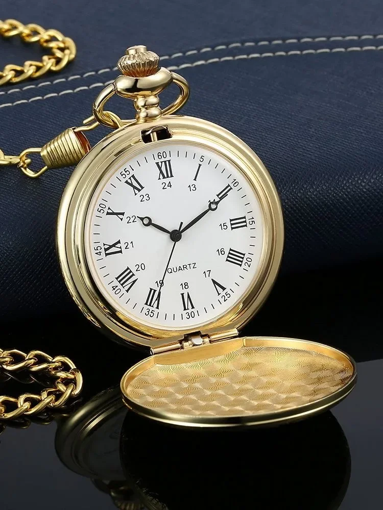 Vintage Luxury Sliver Gold Black Engraved Quartz Pocket Watch for Men Golden Case Fob Chain Clock for Gifts Old Necklace Watches