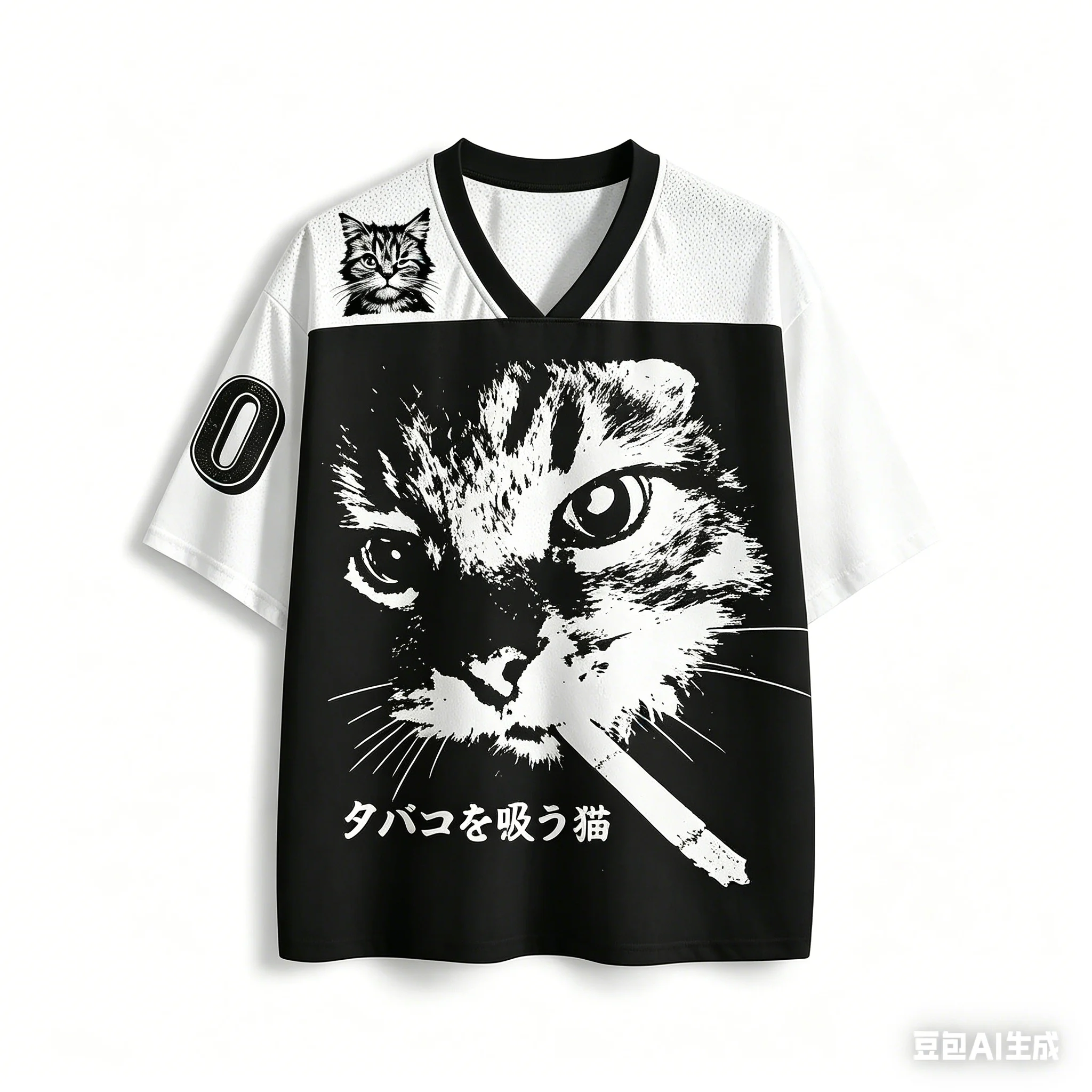 Retro smoking cat printed soccer shirt for men and women, children's Y2K Harikuru style short sleeved Japanese text street 3D