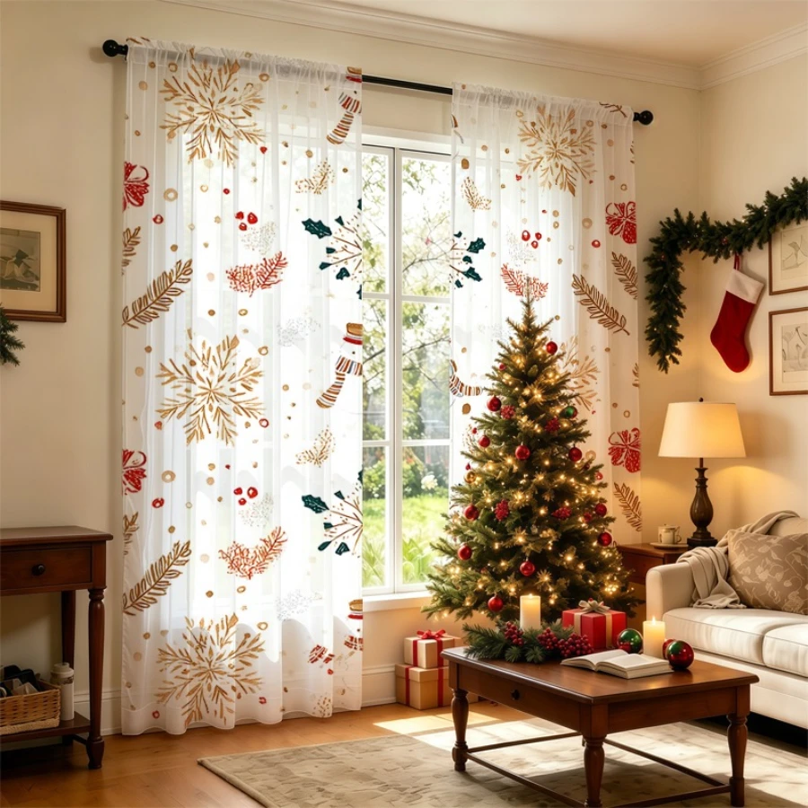 2PCS Christmas Sheer Curtains, Golden Snowflake Red Bow Stocking, Digital Print, Bedroom Living Room, Rod Pocket, Home Decor