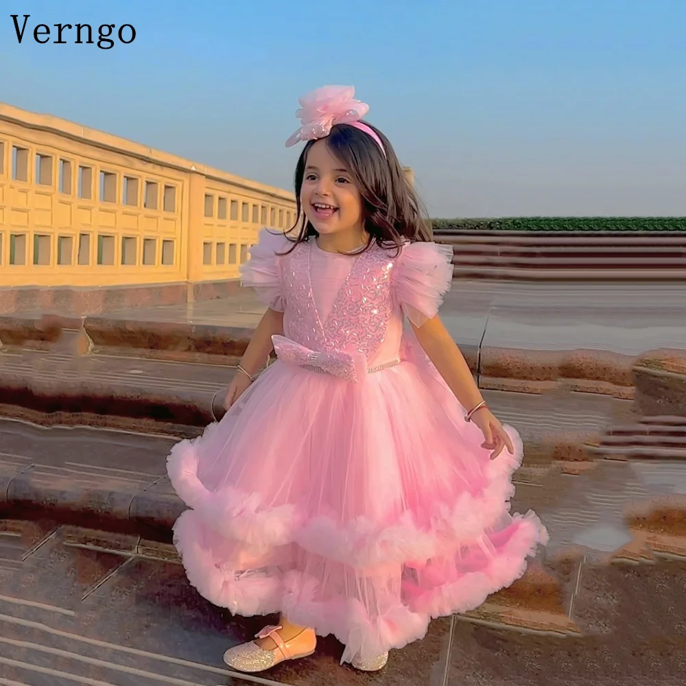 

Verngo Pink Tulle Girl Dress O Neck Puff Short Sleeves Birthday Party Dress Princess A Line Tiered Flowers Dress Customized