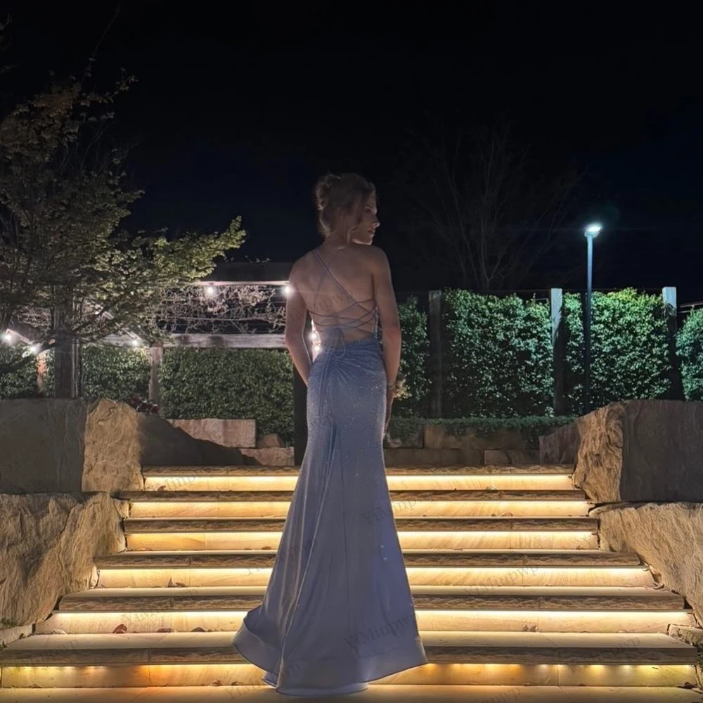 فستان حفلة موسيقية أزرق لامع أشرطة سباغيتي حورية البحر على شكل حرف v بدون ظهر مثير لحفلات الزفاف فساتين الضيوف vestidos de fiesta Elegante حسب الطلب #6