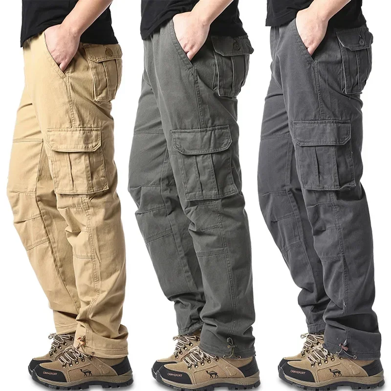 2024 Autumn Cotton Cargo Pants Men Solid Color Large Pocket Loose Overalls Elastic Waist Casual Trousers Military Tacticl Pants